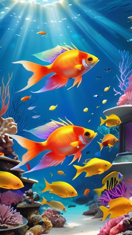 Prompt: A vibrant underwater scene (Vibrant Underwater: 2.0), with a school of colorful fish (Colorful Fish: 1.5) darting through vibrant coral reefs (Vibrant Reefs: 1.3), bathed in the warm hues of sunlight filtering through the surface (Sunlit Reefs: 1.2), captured in a hyper-realistic style (Hyper-realistic: 1.1).