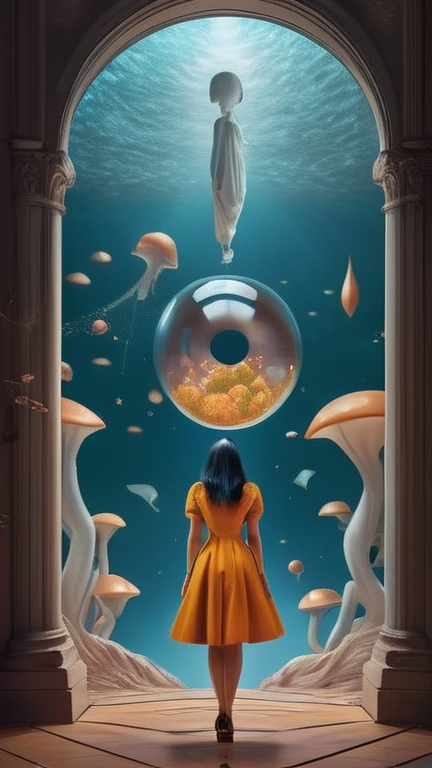 Prompt: Envision an Instagram woman enveloped in a surreal, otherworldly atmosphere, as if she's emerged from a magical realm. The image, in high-definition, is rich in fantastical details, reminiscent of the styles of Salvador Dalí, René Magritte, and Yayoi Kusama. This trending artwork on Artstation transports viewers into a whimsical world, where imagination knows no bounds.