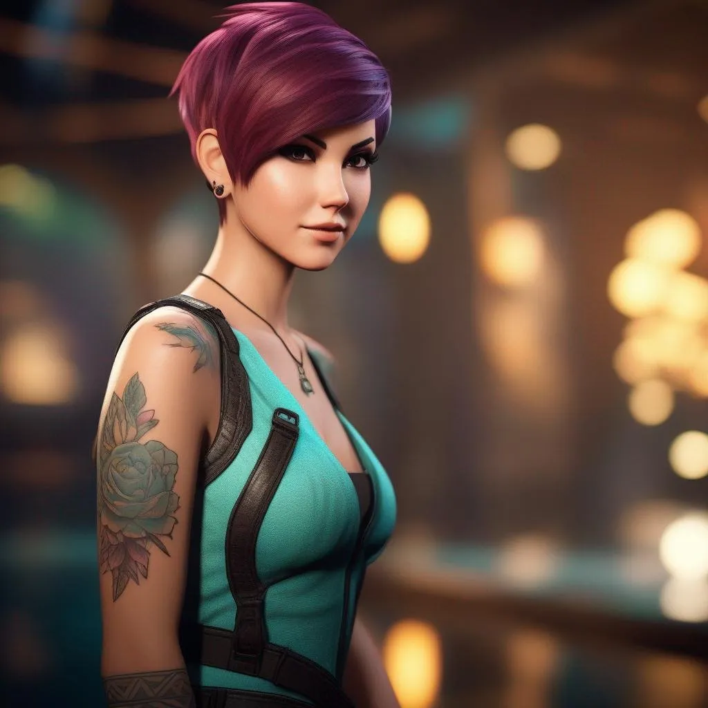 Prompt: Detailed scene, A 3D Render, close-up shot of Siren a beautiful woman, pixie cut hair, tattoo, from the Borderlands video game, with a Cel Shading shader and a cartoonish lighting setup. The image features Siren in a playful pose, with a post-processing effect of a slight chromatic aberration and a textured effect, nature, kyoto, japan, fantasy, featured on artstation, 8k, art by artgerm