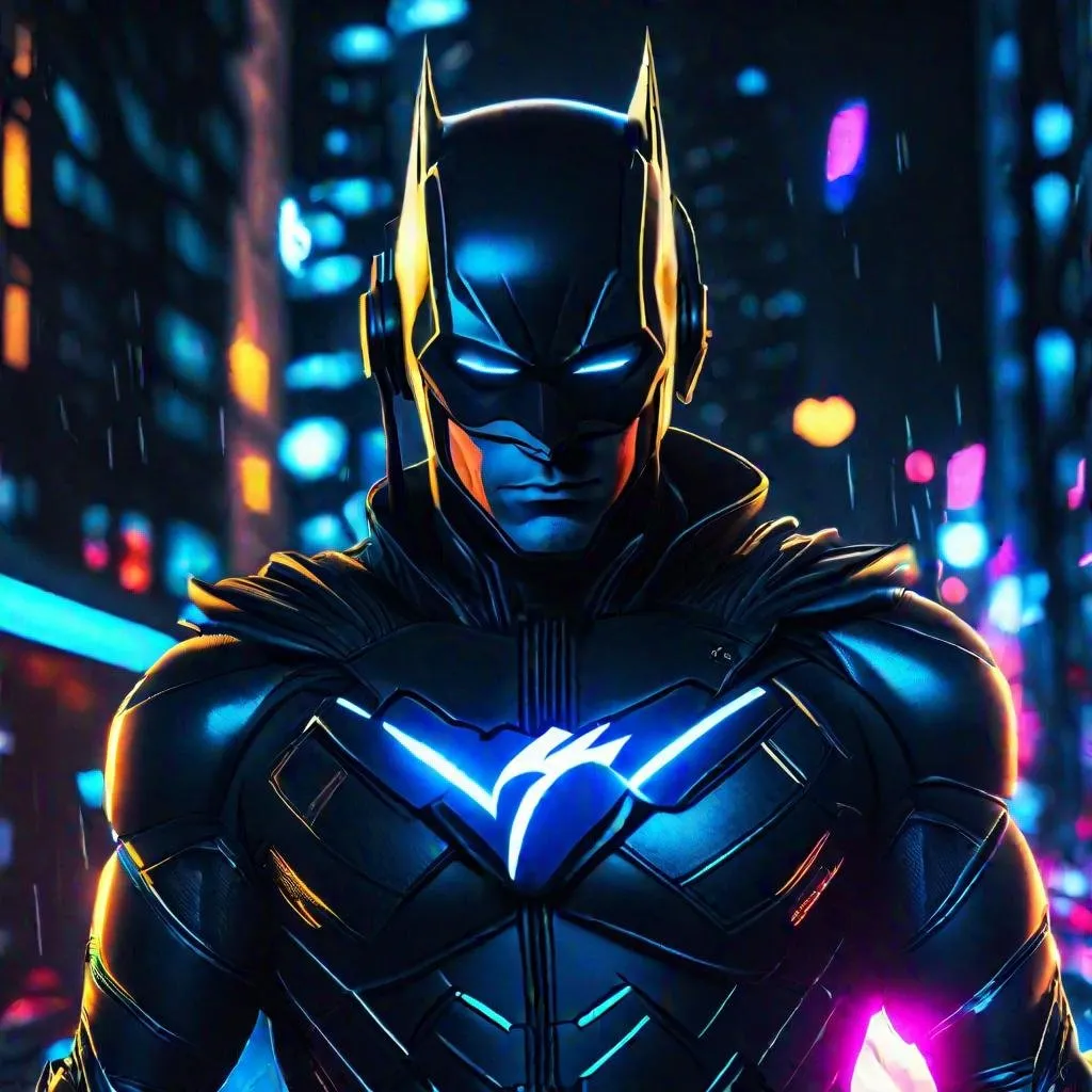 Prompt: Close-up shot of Flash cyberpunked as superhero with suit in Gotham city, 8k, HD, night theme, neon color