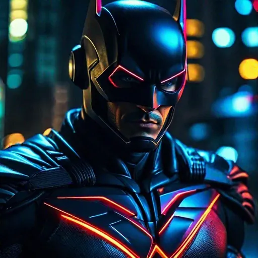 Prompt: Close-up shot of Flash cyberpunked as superhero with suit in Gotham city, 8k, HD, night theme, neon color