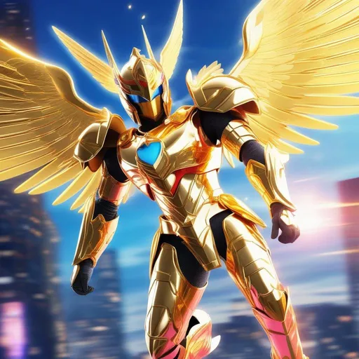 Prompt: Ultra Realistic, close-up shot of Pegasus Seiya charges through the air, his golden armor shining in the sunlight. The painting is rendered in bright colors and simple shapes, and it captures the energy and excitement of battle. The background is a cityscape, with tall buildings and bright lights. The sky is a deep blue, and the clouds are a light pink. There is a graffiti mural in the background, with the words Seiya: Pegasus written in Keith Haring's signature style. Seiya is charging forward, his sword drawn. He is determined and focused, and his eyes are blazing with power. The painting is featured on ArtStation in 8K resolution, nature, kyoto, japan, fantasy, featured on artstation, 8k, art by artgerm