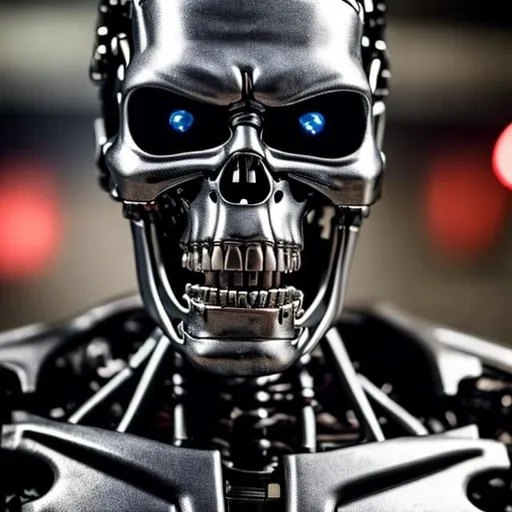 Prompt: A menacing Terminator endoskeleton stares into the camera, its red eyes glowing with artificial intelligence. The metal frame is perfectly preserved, and the machine's expression is one of pure hatred. The image has been enhanced with post-production techniques, giving it a sharp, realistic quality