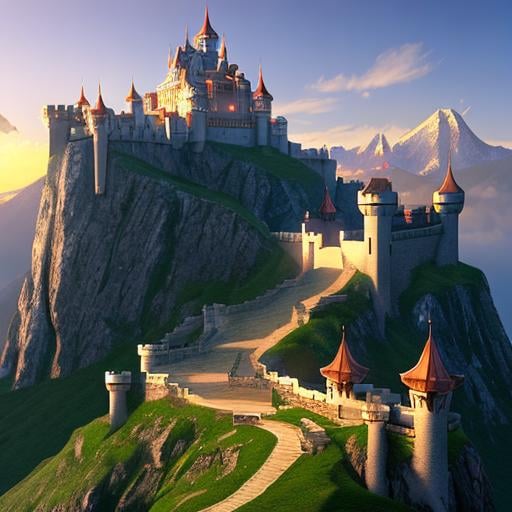 Prompt: dragon guarding a castle on a mountain, Digital Illustration, Medieval Fantasy, Inspiration from World of Warcraft, UE5 Engine Render, High Level of Detail, Golden Ratio, Dramatic Lighting.