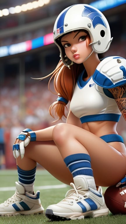 Prompt: Portrait of a beautiful American football artist anime woman with sneakers, American football armor, and helmet, high-key lighting, detailed, realistic, trending on ArtStation, in the style of Masamune Shirow, Haruhiko Mikimoto, and Katsuhiro Otomo. Nationality: American, Eye color: Hazel, Hairstyle: Ponytail out of helmet, Skin color: Light tan, Tattoos: None, Piercings: None, Lip color: Natural, Nose: Athletic, Body: Fit and toned, Clothing: Football gear with artistic flair, Background: Stadium with cheering crowd.