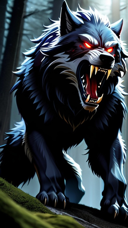 Prompt: A fearsome monster, half werewolf and half humanoid, with piercing red glowing eyes, sharp claws, and a powerful build. The monster's fur is a mix of human hair and wolf fur, and its face is twisted into a menacing snarl. The monster stands in a dark forest, backlit by an eerie moon, and its fangs dripping with saliva.