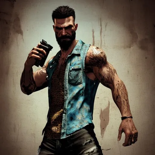 Prompt: Max Payne from Max Payne 3, bald head and brown beard, wears patterned short-sleeved, open shirt with white tank top, blue ripped jeans and black leather boots, and in his hand he holds his Colt well, center in camera, cinematic lighting, high resolution, 3D render.