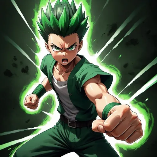 Prompt: Gon Freecss, the determined young hunter, unleashes his signature attack, Jajanken: Rock. Render in a detailed style, capturing the focused expression and powerful punch. Gon's body tenses as he concentrates his aura into a devastating blow. Utilize dynamic lighting and a vibrant color palette to depict the raw power of his attack.