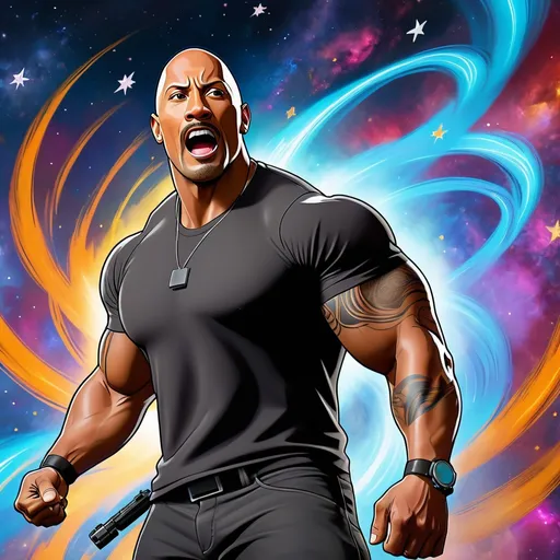 Prompt: A stylized and dynamic portrait of Dwayne "The Rock" Johnson from the Fast and Furious movie franchise, in the style of Borderlands. He has a powerful aura about him, and his presence fills the scene with energy. He is surrounded by swirling energy and vibrant colors. The background is a cosmic nebula, with stars and galaxies swirling around him