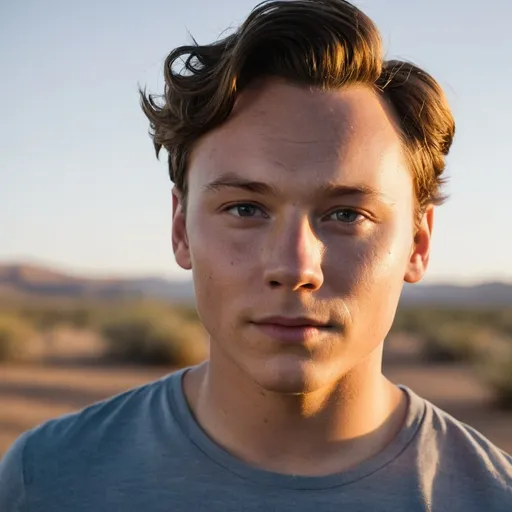 Prompt: A close-up shot of Finn Cole as Craig Cody, the youngest of the Cody brothers, in the style of Borderlands. His face is a mask of innocence, but his eyes betray a hint of danger. He has a round face and soft features, and his skin is pale and freckled. He is wearing a worn-out t-shirt and jeans, and his hair is messy and unkempt. The background is a deserted desert landscape, with the setting sun casting long shadows.