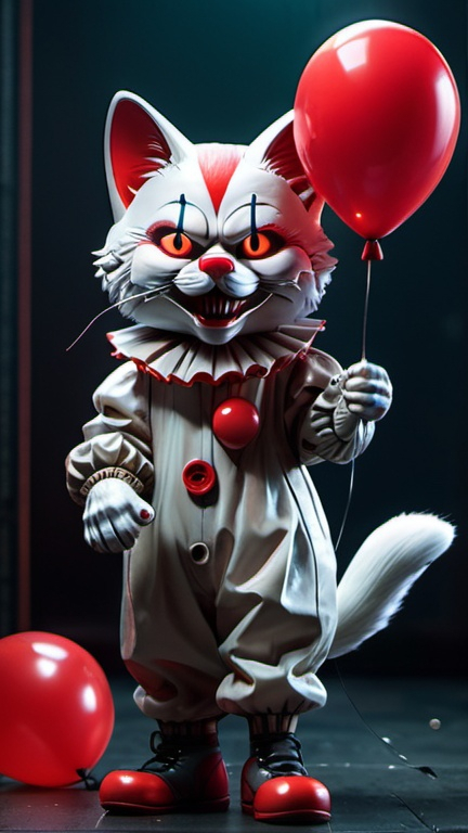 Prompt: A cyberpunk cat with a fullbody design, adorned with Pennywise It make-up and a red balloon floating above its head. The anthropomorphic pose gives off a mischievous vibe, while the clown body and shoes add a touch of playfulness.