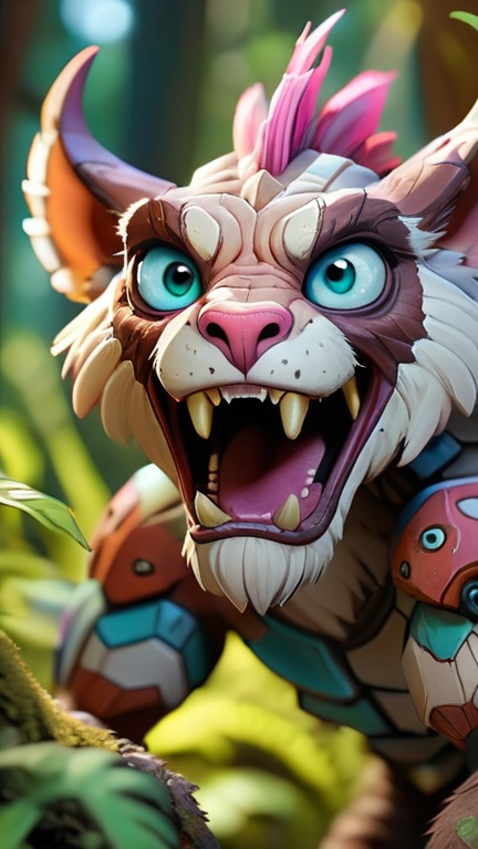 Prompt: A close-up shot of a young Borderlands beast, still growing into its power. The beast has a mix of fur and scales, and its eyes are wide with curiosity. It has a playful demeanor, but there is a hint of danger in its gaze. The background is a lush forest, with towering trees and colorful plants