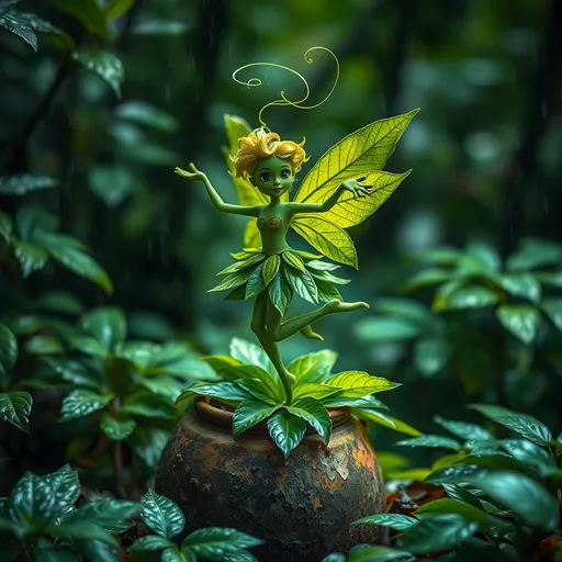 Prompt: A playful fairy-like creature, formed from an assortment of vibrant green leaves, strikes an animated dance pose atop a rustic, weathered pot, nestled in a lush forest bathed in the soft, ethereal light of rain-drenched greens and blues, evoking an atmosphere of magical wonder and tranquility, with the delicate leaf veins resembling fine brushstrokes, as wisps of foliage twirl around the figure, merging dancer and surroundings, set against a background of shimmering, rain-kissed leaves.
