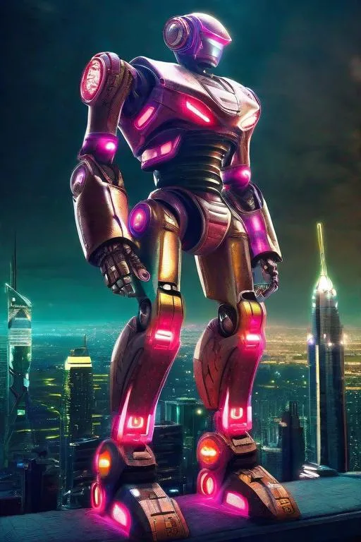 Prompt: A majestic giant robot humanoid towering over a futuristic cityscape, its metallic body gleaming under the neon lights. The robot's intricate details, from its multifaceted armor to its glowing eyes, are rendered in hyperrealistic detail. The overall mood is one of awe and wonder, emphasizing the robot's imposing presence and the futuristic setting.