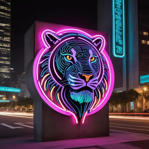 Prompt: Imagine an urban jungle, where the neon tiger logo serves as a guardian of a tech-driven society. Describe how the lion's radiant presence commands attention amidst the concrete and steel. Its neon mane flickers with an electric intensity, mimicking the vibrant energy that permeates the city. The logo becomes a symbol of progress and strength, embodying the company's commitment to technological advancement and its ability to lead the way in a rapidly evolving world.