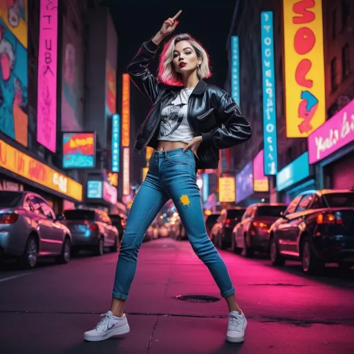 Prompt: Picture an Instagram woman striking a pose against a vibrant urban backdrop, surrounded by neon lights that flicker and dance to the rhythm of the city. The detailed, high-definition image captures the energy and allure of the woman, reminiscent of the styles of Andy Warhol, Keith Haring, and Banksy. This trending artwork stands out with its unique blend of pop culture and street art.