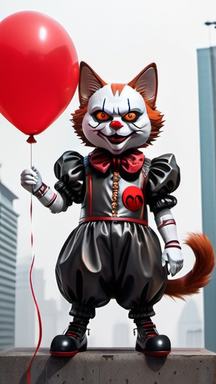 Prompt: A cyberpunk cat with a fullbody design, adorned with Pennywise It make-up and a red balloon floating above its head. The anthropomorphic pose gives off a mischievous vibe, while the clown body and shoes add a touch of playfulness.