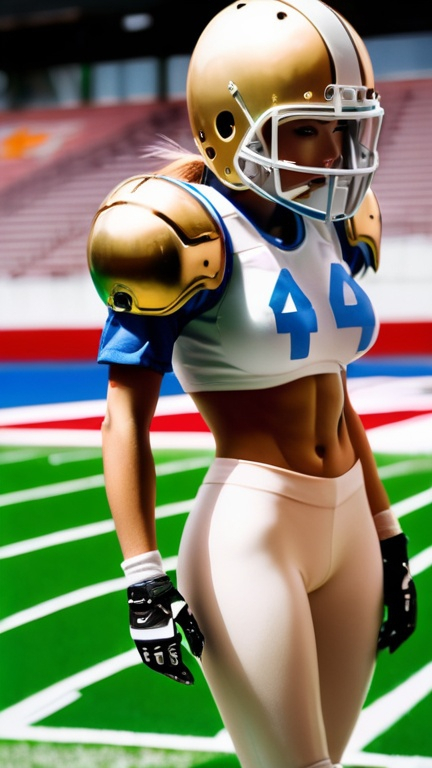 Prompt: Portrait of a beautiful American football artist anime woman with sneakers, American football armor, and helmet, high-key lighting, detailed, realistic, trending on ArtStation, in the style of Masamune Shirow, Haruhiko Mikimoto, and Katsuhiro Otomo. Nationality: American, Eye color: Hazel, Hairstyle: Ponytail out of helmet, Skin color: Light tan, Tattoos: None, Piercings: None, Lip color: Natural, Nose: Athletic, Body: Fit and toned, Clothing: Football gear with artistic flair, Background: Stadium with cheering crowd.