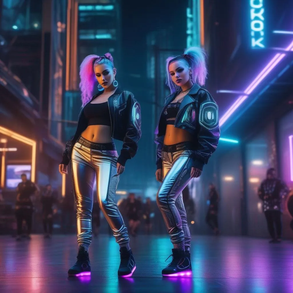 Prompt: a detailed scene of 2 twin women street dancers, dancing hip-hop in cybergoth city background, beautiful caucasic women, sensual, wear hiphop clothes with glowing led Sneakers, cypunk, futuristic, mechanic, dystopia, trending on artstaion, by greg rutkowski,  8k