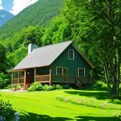 Prompt: cottage tucked away in a lush green valley, Photograph, Impressionism, Inspiration from Ansel Adams, Wide Angle Lens, Low Angle Shot, HDR.