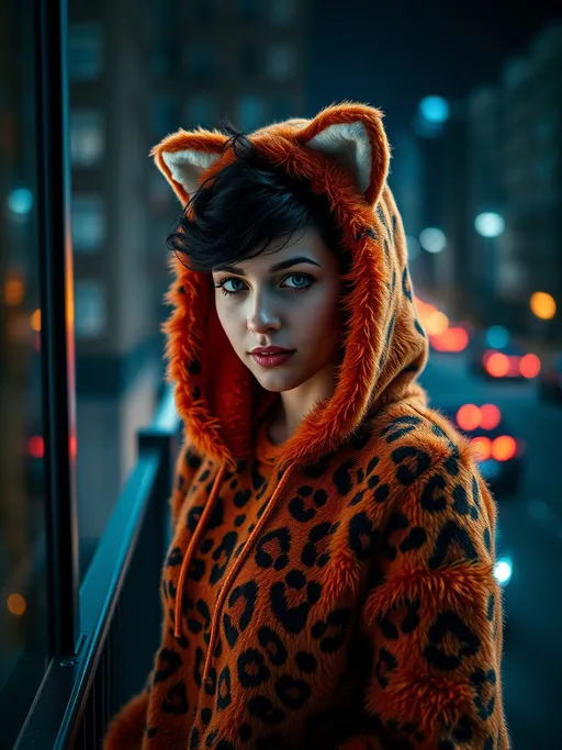 Prompt: A beutiful european woman 30-years-old, wears a orange leopard cute, furry animal hoodie with cat ears, a fluffy hoodie sweater, short messy curly black hair, blue eyes, tattoos, on the balcony in the night  depth of field f0.9, window street night light, ultra-realistic, sharp focus, detailed background