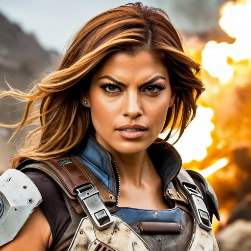 Prompt: A close-up shot of Eva Mendes as a Borderlands-inspired warrior. She has a fierce expression on her face, and her eyes are blazing with determination. She is wearing a revealing but practical leather armor, and she is wielding a powerful weapon. The background is a chaotic battlefield, with explosions and gunfire filling the air