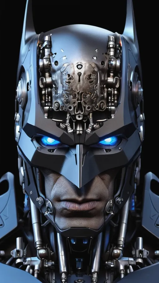 Prompt: Photorealistic portrait, Batman, extreme close-up, detailed face-skull-like mech with a combination of human and metallic characteristics, dark and moody color palette, glowing blue eyes, intricate mechanical textures, realistic lighting to emphasize the fusion of man and machine