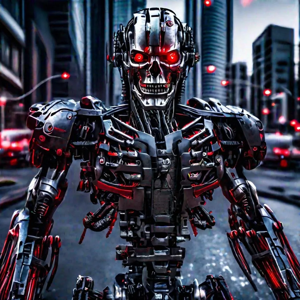 Prompt: Ultra Realistic, dark theme, red eyes, terminator while dance the shuffle, war machine, manufactures on background, street, hdr, city, metal skull, red eyes, skratches, rough metal, metal wires, exoskelet, hdr, raytracing, rev-9, reflections, (close-up:1.2), (intricate details:0.9), (hdr, hyperdetailed:1.2), cypunk, futuristic, mechanic, dystopia, trending on artstaion, by greg rutkowski,  8k, blade runner, cyberpunk 2097