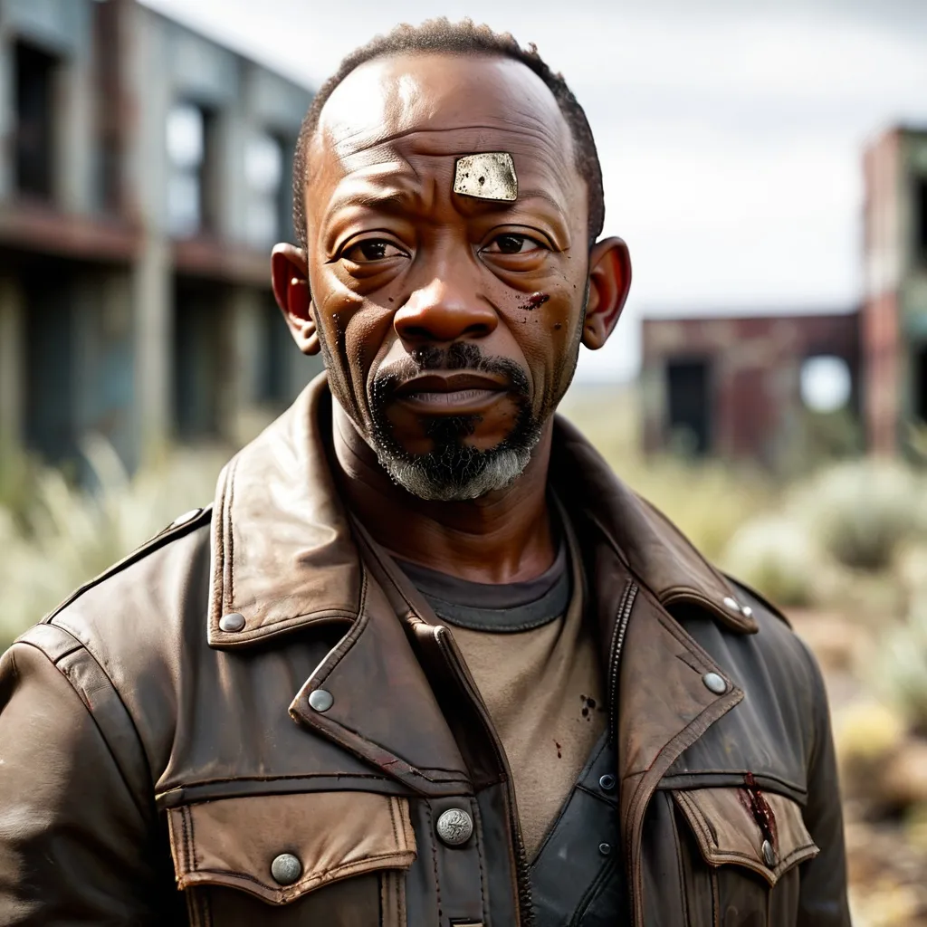 Prompt: A close-up shot of Lennie James, known for his role as Morgan Jones, in the style of Borderlands. Morgan is a survivor with a weathered face and a hardened gaze. His eyes are deep-set and his features are etched with the trials he has endured. He is wearing a worn-out leather jacket and a torn shirt, and his hands are covered in grime and blood. The background is a desolate wasteland, with crumbling buildings and overgrown vegetation.