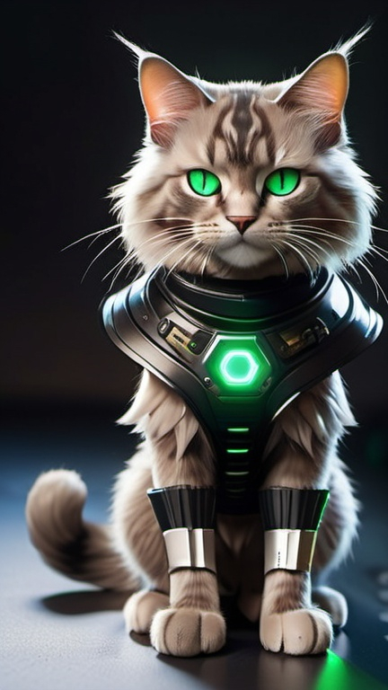 Prompt: A sleek and stylish cyberpunk Siamese cat with a metallic sheen, its maine coon fur enhanced with cybernetic implants. It dons a ninja mask, its piercing green eyes glowing with augmented reality displays. In one hand, it wields a razor-sharp katana, while its muscular body is poised in an anthropomorphic pose. Its ninja sneakers are equipped with advanced stealth technology, making it a formidable and deadly feline assassin.