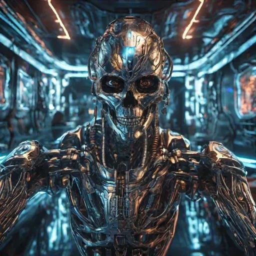 Prompt: Ultra-detailed cyborg in a spaceship, with anthropomorphic cybernetic skeleton elements on metal armor, neon lights reflections, reflection mapping, intricate design and details, dramatic lighting, hyperrealism, photorealistic, cinematic
