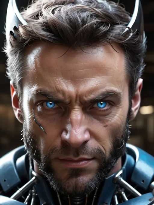 Prompt: Photorealistic portrait, Wolverine, extreme close-up, detailed face-skull-like mech with a combination of human and metallic characteristics, dark and moody color palette, glowing blue eyes, intricate mechanical textures, realistic lighting to emphasize the fusion of man and machine