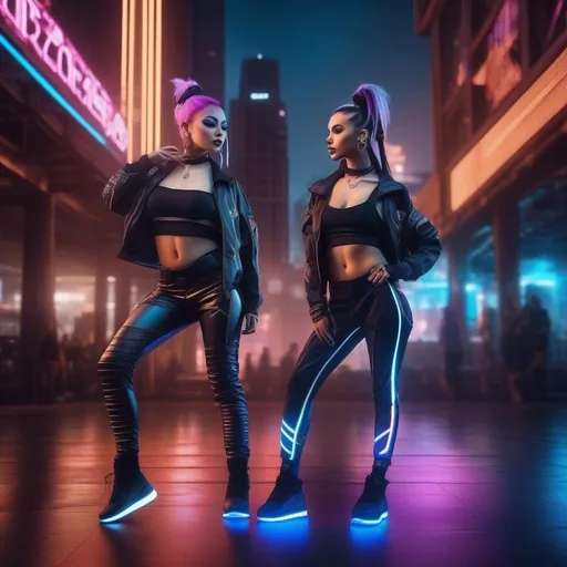 Prompt: a detailed scene of 2 twin women street dancers, dancing hip-hop in cybergoth city background, beautiful caucasic women, sensual, wear hiphop clothes with glowing led Sneakers, cypunk, futuristic, mechanic, dystopia, trending on artstaion, by greg rutkowski,  8k