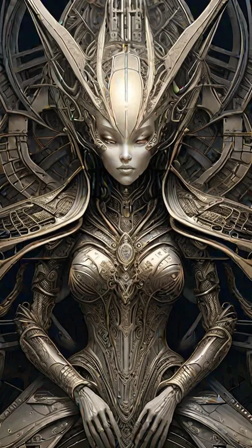 Prompt: Frontview 3D rendering of a alien in spaceship. robotic features. queen of blades,  fantasy pen and ink, intricate line drawings, by Yoshitaka Amano, Ruan Jia, Kentaro Miura, Artgerm, detailed, trending on artstation, hd, masterpiece