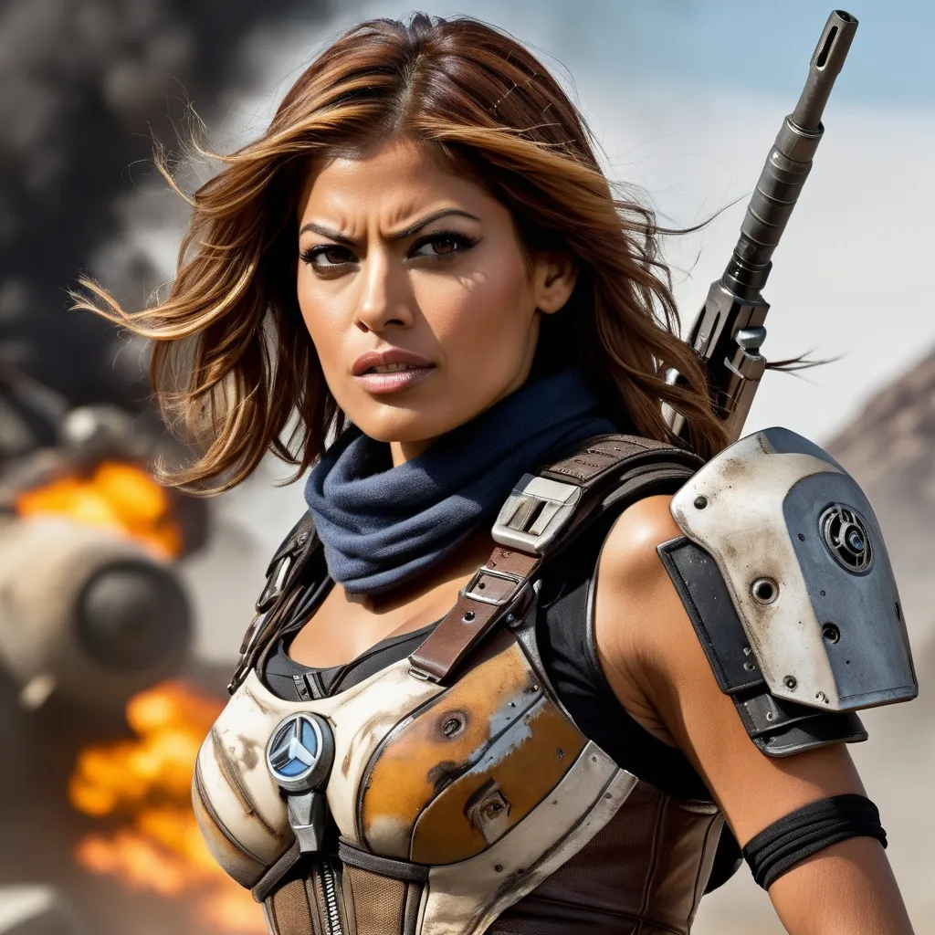 Prompt: A close-up shot of Eva Mendes as a Borderlands-inspired warrior. She has a fierce expression on her face, and her eyes are blazing with determination. She is wearing a revealing but practical leather armor, and she is wielding a powerful weapon. The background is a chaotic battlefield, with explosions and gunfire filling the air