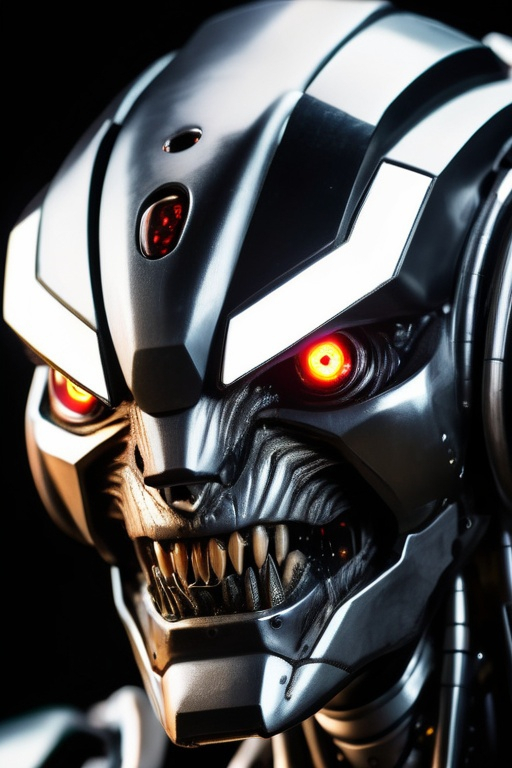 Prompt: Close-up shot of a Giant Robot humanoid animal-like face, with glowing eyes, sharp teeth, and a wrinkled metallic skin. The background is black, and the robot's face is in focus.} ([realistic:1.1], [detailed:1.2])