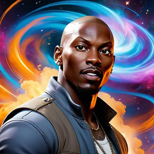 Prompt: A stylized and dynamic portrait of Tyrese Gibson from the Fast and Furious movie franchise, in the style of Borderlands. He has a powerful aura about him, and his presence fills the scene with energy. He is surrounded by swirling energy and vibrant colors. The background is a cosmic nebula, with stars and galaxies swirling around him