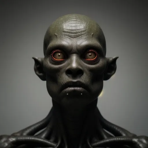 Prompt: Detailed face, body portrait, ultra realistic,a Alien with the body of a humanoid alien, who has grayish-green skin and a shiny texture, the eyes are large and black, the eyes are large and black. The skin has a tentacles-like red design  which extends from the forehead to the chin on the face. The nose is small and pointed, and the mouth is wide and thin,  two black holes on the sides of his head. The body is slender and muscular, with a ribcage-like structure on the chest. The arms and legs are long and thin, with three fingers and three claws on each hand and foot., perfect composition, beautiful detailed intricate insanely detailed octane render trending on artstation, 8 k artistic photography, photorealistic concept art, soft natural volumetric cinematic perfect light, chiaroscuro, award - winning photograph, masterpiece, oil on canvas, raphael, caravaggio, greg rutkowski, beeple, beksinski, giger