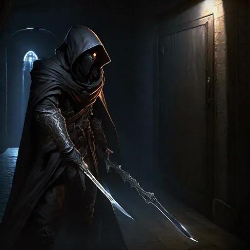 Prompt: Ultra Realistic, 1 assassin hiding in a dark corner while spy a woman, hood, cloak, dark room, dim light, glowing eyes, (concept art , sketch by Adrian Smith, dynamic pose), fantasy, DnD, volumetric lighting, subsurface scattering, perfect lighting, perfect shading, (best quality, masterpiece), (mature adult:1.3), (photorealistic:1.5