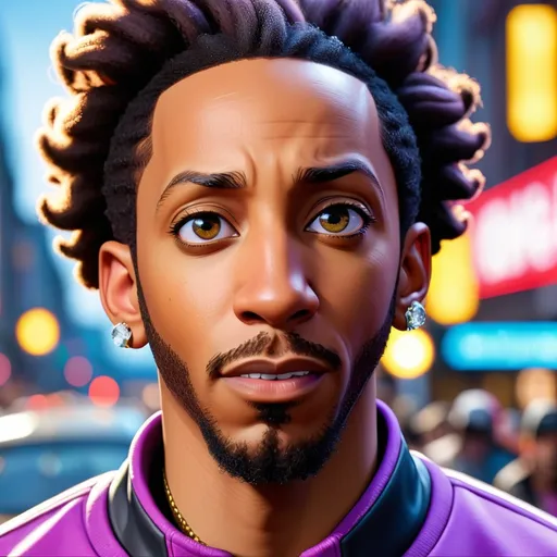 Prompt: A close-up shot of actress Ludacris in the style of the Borderlands universe. He has a mischievous and charismatic expression on his face, and his eyes twinkle with mischief. He is wearing a flashy tracksuit, and his hair is styled in a trendy fade. His beard is neatly trimmed, and he has a pair of diamond studs in his ears. The background is a crowded street race, with cars zooming past and the crowd cheering him on.