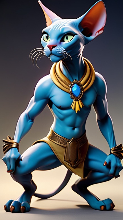 Prompt: A demoniac angry sphynx cat in fullbody Anthropomorphic poses, adorned with Na'vi Avatar make-up and a Bow in his letf-hand. The anthropomorphic pose gives off a mischievous vibe, while the Na'vi Avatar body and shoes add a touch of playfulness