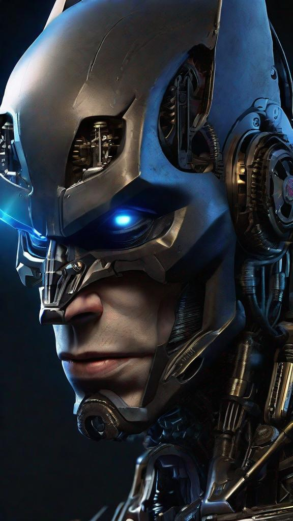 Prompt: Photorealistic portrait, Batman, extreme close-up, detailed face-skull-like mech with a combination of human and metallic characteristics, dark and moody color palette, glowing blue eyes, intricate mechanical textures, realistic lighting to emphasize the fusion of man and machine