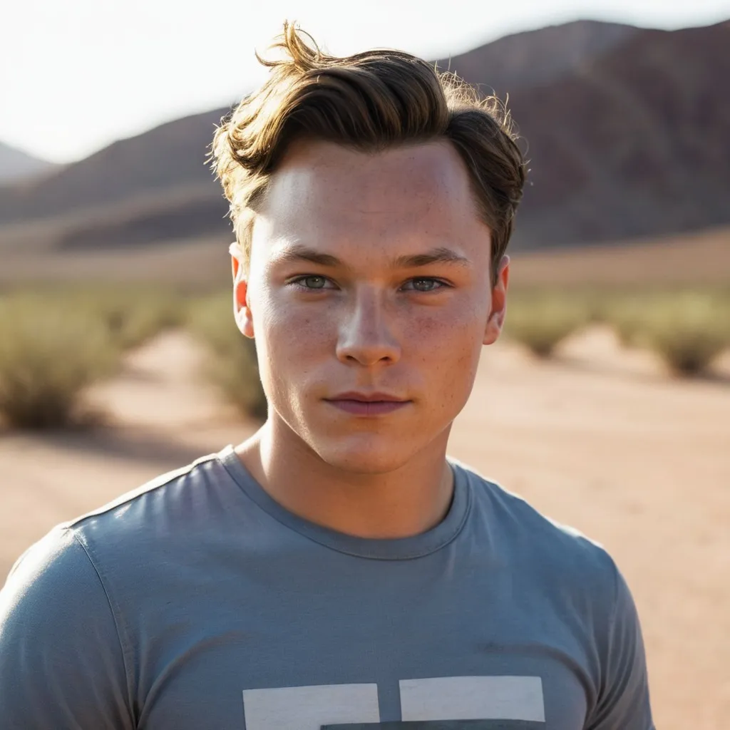 Prompt: A close-up shot of Finn Cole as Craig Cody, the youngest of the Cody brothers, in the style of Borderlands. His face is a mask of innocence, but his eyes betray a hint of danger. He has a round face and soft features, and his skin is pale and freckled. He is wearing a worn-out t-shirt and jeans, and his hair is messy and unkempt. The background is a deserted desert landscape, with the setting sun casting long shadows.