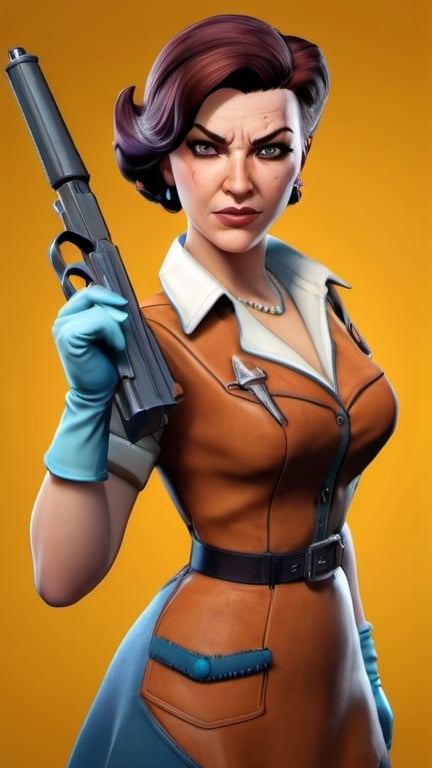 Prompt: upperbody portrait of a beautiful woman defying housewife stereotypes, wielding a weapon in a 1950s outfit. Render in detailed Borderlands style, trending on artstation.