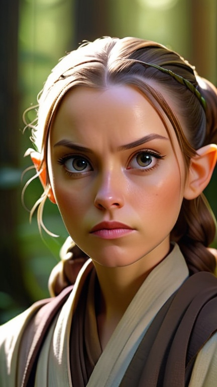 Prompt:  A close-up shot of a Jedi Knight, either male or female, in the style of Star Wars. They have a serene and focused expression on their face, and their eyes radiate with wisdom and power. They are wearing traditional Jedi robes, and their hair is neatly tied back. The background is a tranquil forest, with tall trees and dappled sunlight