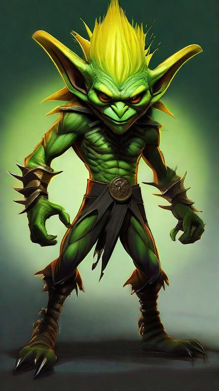 Prompt: Fullbody of an angry and scary Goblin Dark Magician with green scales skin and yellow glowing eyes, dramatic lighting, detailed, realistic, trending on ArtStation, in the style of Frank Frazetta, Yoshitaka Amano, and H.R. Giger. Nationality: Mythological, Eye color: Yellow glowing, Hairstyle: Spiky and wild, Skin color: Green scales, Tattoos: Arcane symbols, Piercings: None, Lip color: Dark green, Nose: Hooked, Body: Slim and wiry, Clothing: Dark robes with magical runes, Background: Enchanted forest clearing.