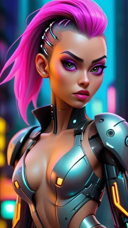 Prompt: Close up shot of a sleek, futuristic cyber woman (Cyber Woman: 2.0), striding confidently through a neon-lit cyberpunk cityscape (Cyberpunk Cityscape: 1.5), her metallic body gleaming under the vibrant lights (Glimmering Body: 1.3), a symbol of power and technology (Powerful Symbol: 1.2), captured in a hyper-realistic style (Hyper-realistic: 1.1)