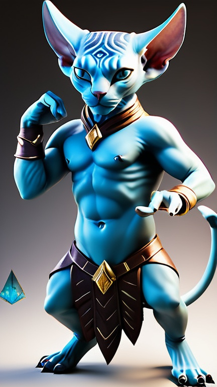 Prompt: A demoniac angry sphynx cat in fullbody Anthropomorphic poses, adorned with Na'vi Avatar make-up and a Bow in his letf-hand. The anthropomorphic pose gives off a mischievous vibe, while the Na'vi Avatar body and shoes add a touch of playfulness