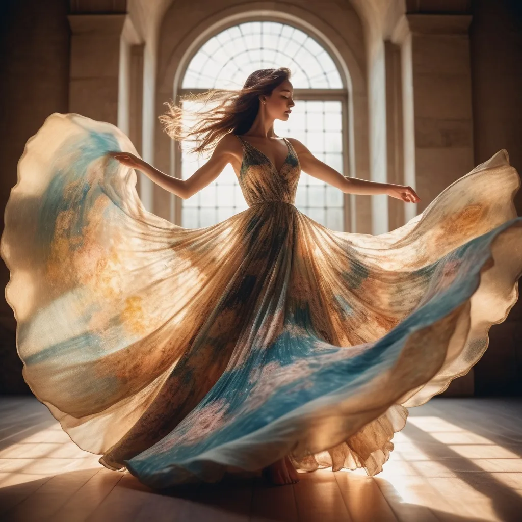 Prompt: An image of a mesmerizing Instagram woman twirling in a flowing dress, bathed in a soft, ethereal glow. The intricate lighting patterns create a dreamlike atmosphere, reminiscent of the works of Monet, Van Gogh, and Klimt. This captivating image showcases the woman's elegance and captures the essence of timeless beauty.
