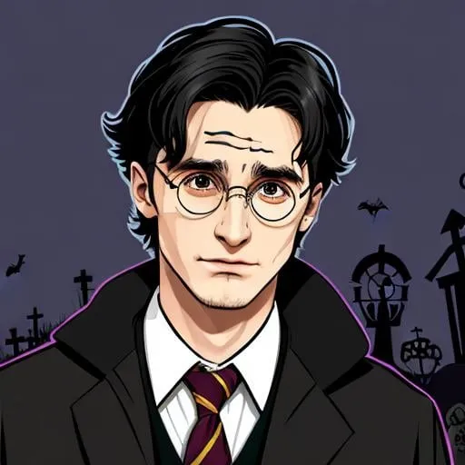 Prompt: Flat color, modern, vivid color, graffiti, illustration, a portrait of Harry Potter while dance the breakdance in a graveyard, surrounded by skeletons. Messy black hair, round glasses, scar on forehead. The graveyard should be dark and eerie, and Harry should be the only thing that gives a sense of hope. His appearance should be determined and compassionate, spooky, halloween, scary, fantasy, mystical, scary, fantasy, featured on artstation, 8k 